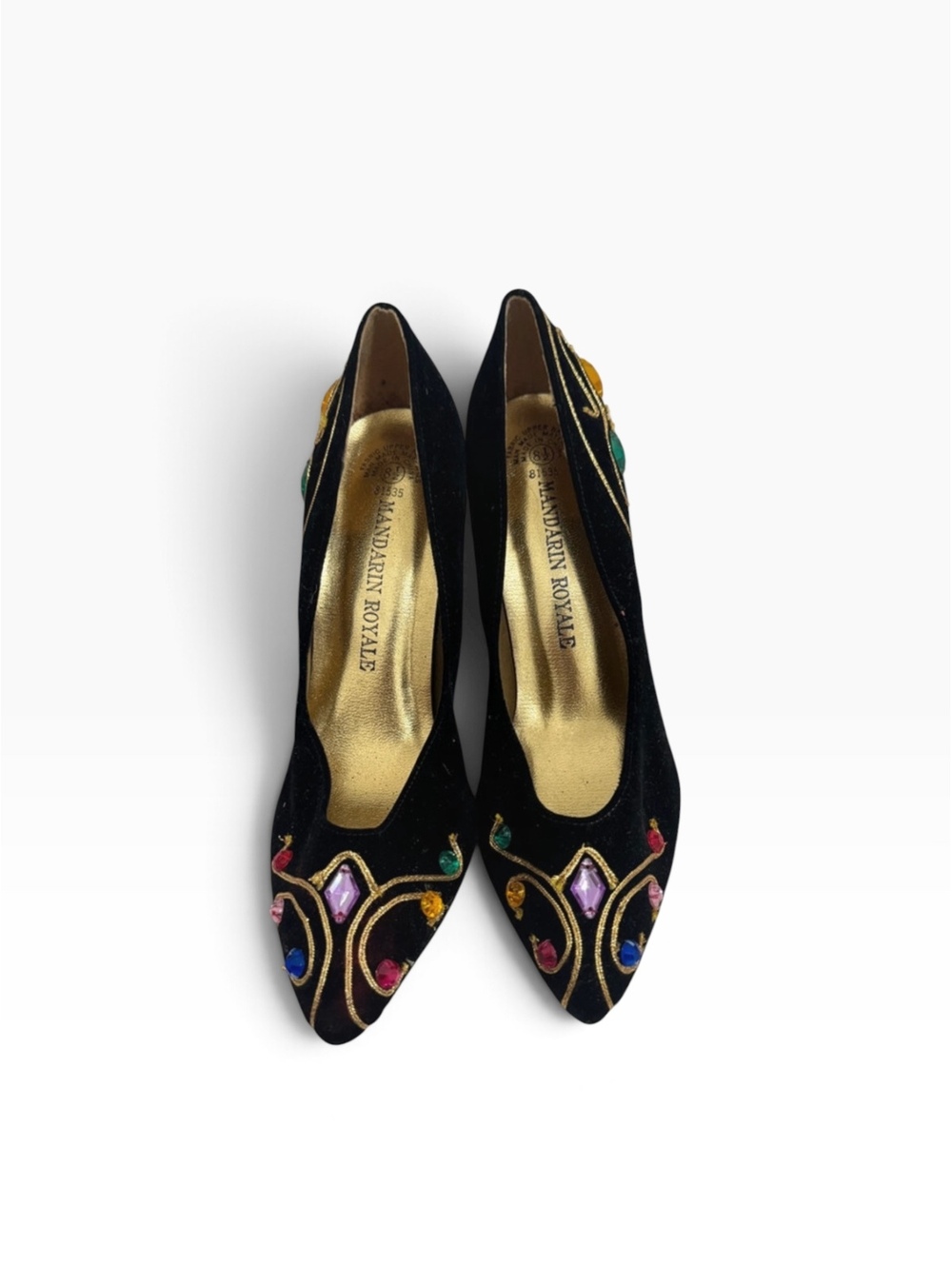 Mandarin Royale Black Velvet Jeweled Pumps